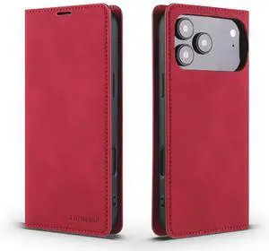 WERLEO Case for iPhone 17 Pro Max Premium PU Leather Phone Cover with Card Holder Stand, Shockproof Flip Wallet Cover Red