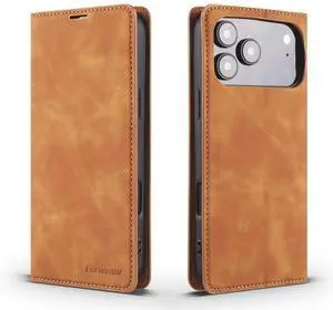 WERLEO Case for iPhone 17 Pro Max Premium PU Leather Phone Cover with Card Holder Stand, Shockproof Flip Wallet Cover Brown