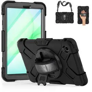 Case for Samsung Galaxy Tab A11 8.7 Inch 2025 Model SM-X130 / X135, Full-Body Drop Protection Cover with Screen Protector Pencil Holder Rotating Stand Hand Strap Shoulder Strap, Black