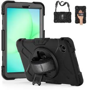 WERLEO Case for for Samsung Galaxy Tab A11 8.7 Inch 2025 Model SM-X130 / X135, Shockproof Protective Cover with Pencil Holder, 360° Rotating Hand Strap & Stand, Shoulder Strap, Black