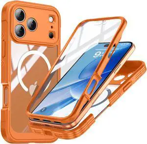 WERLEO Magnetic Case for iPhone 17 Pro with Built-in Screen Protector, Shockproof Phone Cover with Camera Protector, Compatible with MagSafe, Full Body Phone Case Orange