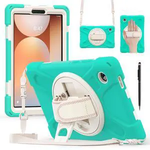 WERLEO Case for Samsung Galaxy Tab A11 8.7 inch 2025 SM-X130 X133 X135 Shockporoof Cover with Pencil Holder Rotating Hand Strap & Stand Shoulder Strap, Universal Stylus Pen Mint Green