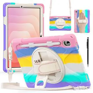 WERLEO Protecive Case for Samsung Galaxy Tab S11 11 inch 2025 SM-X730 X736B Shockporoof Cover with Pencil Holder Rotating Hand Strap & Stand Shoulder Strap & Universal Stylus Pen Rainbow Pink