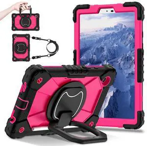 Werleo Case for Samsung Galaxy Tab A11 8.7 inch 2025 SM-X130/X133/X135, Shockproof Rugged Silicone Drop Protective Cover with 360 Rotating Stand Handle Shoulder Strap Pencil Holder Rose Red
