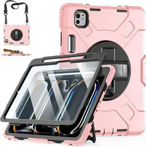 BONAEVER Case for iPad Pro 11 inch M5 M4 2025 2024 Protective Cover for iPad Pro 11 Inch 6th 5th Generation with Built-in Screen Protector, 360° Rotating Stand, Shoulder Strap, Pencil HolderPink