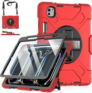 BONAEVER Case for iPad Pro 11 inch M5 M4 2025 2024 Protective Cover for iPad Pro 11 Inch 6th 5th Generation with Built-in Screen Protector, 360° Rotating Stand, Shoulder Strap, Pencil Holder Red