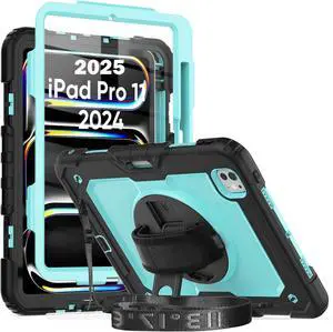 BONAEVER for iPad Pro 11 Inch Case M5 2025 M4 2024 6th 5th Generation Protective Cover with Built-in Screen Protector, 360° Rotating Stand, Adjustable Shoulder Strap, Pencil Holder Light Blue