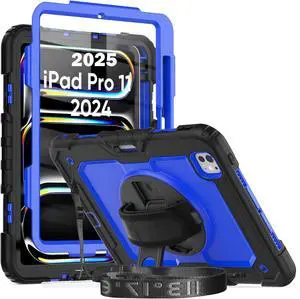 BONAEVER for iPad Pro 11 Inch Case M5 2025 M4 2024 6th 5th Generation Protective Cover with Built-in Screen Protector, 360° Rotating Stand, Adjustable Shoulder Strap, Pencil Holder Blue