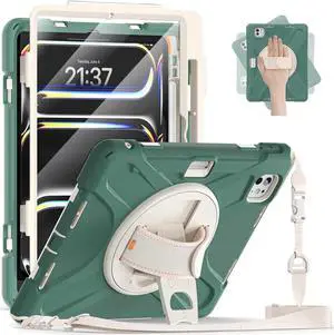 BONAEVER Case for iPad Pro 11 Inch M5 M4 2025 2024 6th 5th Generation with Built-in Screen Protector, 360° Rotating Stand, Adjustable Shoulder Strap, Precise Cutouts, Pencil Holder Dark Green