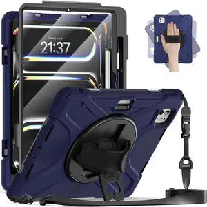 BONAEVER Case for iPad Pro 11 Inch M5 M4 2025 2024 6th 5th Generation with Built-in Screen Protector, 360° Rotating Stand, Adjustable Shoulder Strap, Precise Cutouts, Pencil Holder Navy Blue