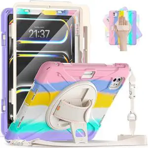 BONAEVER Case for iPad Pro 11 Inch M5 M4 2025 2024 6th 5th Generation with Built-in Screen Protector, 360° Rotating Stand, Adjustable Shoulder Strap, Precise Cutouts, Pencil Holder Pink