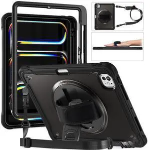 BONAEVER Case for iPad Pro 11 Inch M5 2025 M4 2024 6th 5th Gen Heavy Duty Rugged Shockproof Cover with 360° Rotating Hand Strap Foldable Stand & Shoulder Strap, Pencil Holder