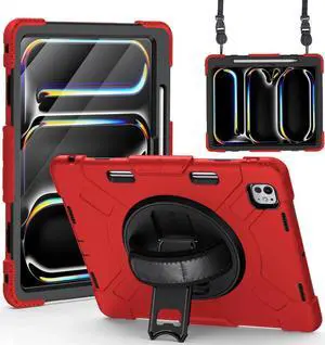 BONAEVER Case for iPad Pro 13 Inch M5 2025 M4 2024 with Built-in Screen Protector, 360° Rotating Stand, Adjustable Shoulder Strap, Precise Cutouts, Pencil Holder Red