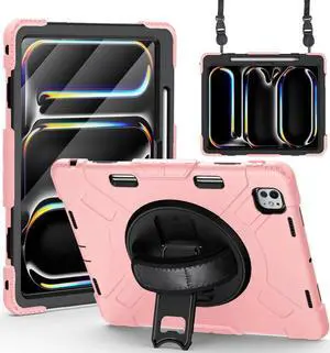 BONAEVER Case for iPad Pro 13 Inch M5 2025 M4 2024 with Built-in Screen Protector, 360° Rotating Stand, Adjustable Shoulder Strap, Precise Cutouts, Pencil Holder Rose Gold