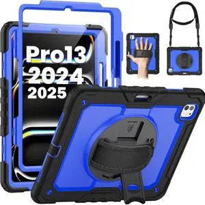 BONAEVER Case for iPad Pro 13 Inch M5 2025 M4 2024 with Built-in Screen Protector, 360° Rotating Stand, Adjustable Shoulder Strap, Pencil Holder Blue