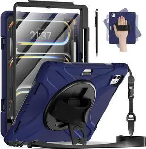 BONAEVER Case for iPad Pro 13 Inch M5 2025 / M4 2024 with Built-in Screen Protector, 360° Rotating Stand, Adjustable Shoulder Strap, Stylus Pen, Pencil Holder Navy Blue