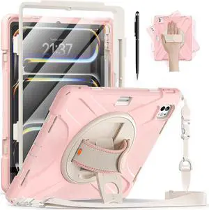 BONAEVER Case for iPad Pro 13 Inch M5 2025 / M4 2024 with Built-in Screen Protector, 360° Rotating Stand, Adjustable Shoulder Strap, Stylus Pen, Pencil Holder Pink