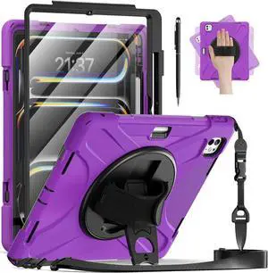 BONAEVER Case for iPad Pro 13 Inch M5 2025 / M4 2024 with Built-in Screen Protector, 360° Rotating Stand, Adjustable Shoulder Strap, Stylus Pen, Pencil Holder Purple