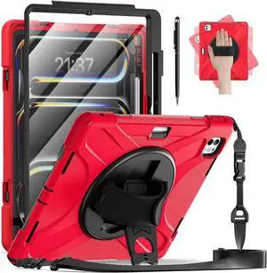 BONAEVER Case for iPad Pro 13 Inch M5 2025 / M4 2024 with Built-in Screen Protector, 360° Rotating Stand, Adjustable Shoulder Strap, Stylus Pen, Pencil Holder Red