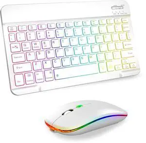 BONAEVER Bluetooth Keyboard and Mouse Combo with 7-Color Backlit, Rechargeable Wireless Keyboard for iPad/Samsung/Tablet/PC/Laptop/iPhone/iOS/Windows/Android White
