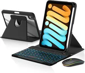 BONAEVER Bluetooth Keyboard Case with Mouse for iPad Mini 7 ( A17 Pro) / Mini 6 8.3 Inch, 360° Rotating Clear Back Cover with 7 Color Backlit Detachable Keyboard, Pen Holder for iPad mini 7th/6th Gen