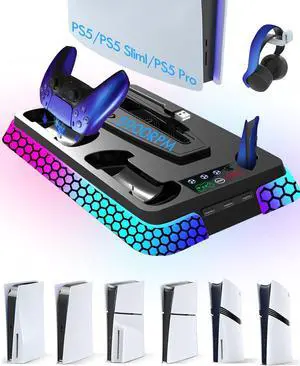 Cooling Station for PS5/PS5 Pro/PS5 Slim with RGB Lights, Stand Vertical Base Accessories with Silent 3-Level Cooling Fans, Dual Controller Charger and USB Hubs Cooling Station for PS5/PS5 Pro/PS5 Slim with RGB Lights, Stand Vertical Base Accessories with Silent 3-Level Cooling Fans, Dual Controller Charger and USB Hubs