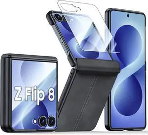 Case for Galaxy Z Flip 8 with Hinge Protection & Screen Protector, Ultra-Thin Slim Matte PU Leather PC Shockproof Cover, Scratch-Resistant Bumper Protective Case for Samsung Z Flip 8 - Black Case for Galaxy Z Flip 8 with Hinge Protection & Screen Protector, Ultra-Thin Slim Matte PU Leather PC Shockproof Cover, Scratch-Resistant Bumper Protective Case for Samsung Z Flip 8 - Black