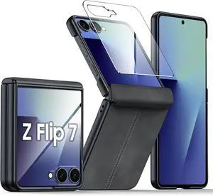 Case for Galaxy Z Flip 7 with Hinge Protection & Screen Protector, Ultra-Thin Slim Matte PU Leather PC Shockproof Cover, Scratch-Resistant Bumper Protective Case for Samsung Z Flip 7 - Black Case for Galaxy Z Flip 7 with Hinge Protection & Screen Protector, Ultra-Thin Slim Matte PU Leather PC Shockproof Cover, Scratch-Resistant Bumper Protective Case for Samsung Z Flip 7 - Black