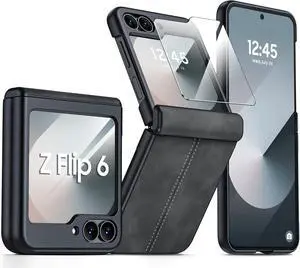 Case for Samsung Galaxy Z Flip 6 / Z Flip 7 FE with Hinge Protection & Built-in Screen Protector, Ultra Thin Leather Shockproof Cover Phone Case for Galaxy Z Flip 6/Z Flip 7 FE- Black Case for Samsung Galaxy Z Flip 6 / Z Flip 7 FE with Hinge Protection & Built-in Screen Protector, Ultra Thin Leather Shockproof Cover Phone Case for Galaxy Z Flip 6/Z Flip 7 FE- Black