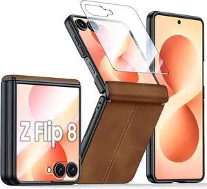 Case for Galaxy Z Flip 8 with Hinge Protection & Screen Protector, Ultra-Thin Slim Matte PU Leather PC Shockproof Cover, Scratch-Resistant Bumper Protective Case for Samsung Z Flip 8 - Black Brown Case for Galaxy Z Flip 8 with Hinge Protection & Screen Protector, Ultra-Thin Slim Matte PU Leather PC Shockproof Cover, Scratch-Resistant Bumper Protective Case for Samsung Z Flip 8 - Black Brown