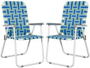 Patio Lawn Chairs Folding Set of 2, Metal Webbed Folding Chair Outdoor Beach Chair Portable Camping Chair for BBQ, Fishing,Yard, Garden(Blue)