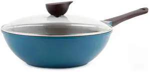 Eela 12'' Non Stick Chef's Wok with Glass Lid, Stir Fry Pan and POFA-Free Ceramic Coating for Cooking Saute Vegetables, Meat, Fish, 12 inch, Deep Blue (Handle assemble required)