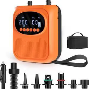 20PSI Electric Paddle Board Pump, Smart Rechargeable SUP Pump with DC 12V Car Connector, Inflation and Deflation Air Auto-Off for SUP, Kayaks, Tents, Mattress, Pool Floats, Inflatables Orange -