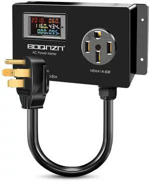 50A AC Power Meter, 240V NEMA 14-50P to NEMA 14-50R LCD Display Digital Multimeter Tester with 1.3FT 10AWG C, Multifunction Energy Monitor Voltage Current Frequency Power Factor Outlet Monitor