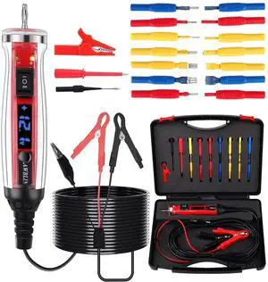 Power Circuit Probe Tester Kit, LCD Digital Automotive Test Light with Voltmeter, 18PCS Multi Function Auto Fuse Voltage Continuity Current Electric Tests Tool Black Carrying Case Red -