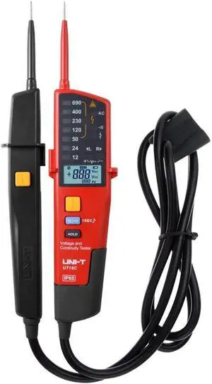 Voltage Tester Professional UT18C and Continuity Multifunction Waterproof Digital Electrical Circuit Meter Voltmeter 12V~690V AC/DC Automatic Range LCD Display Red, Black -