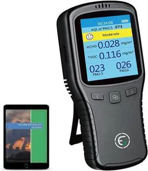 Air Quality Monitor, Formaldehyde Detector, Pollution Meter, Sensor, Tester; Detect & Test Indoor Pollution, TVOC Volatile Organic Compound Gas, PM2.5 2.5 Micron Particulate Matter Dust; eBook Black