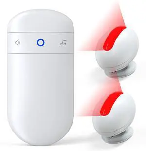 Wireless Motion Sensor Doorbell -Indoor Detector Alarm, Door Chime for Business/Store/Office Entrance, Entry Alert Bell with Buzzer, USB/Battery Powered (1 Receiver + 2 Sensor) White  1 Sensors