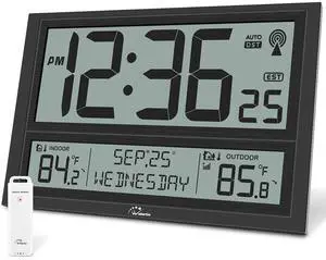 Extra Large Atomic Clock with Indoor Outdoor Temperature, Ultra Clear 4.5'' Numbers Display Auto DST, 4 Time Zones, Date and Day Display, Battery Operated Black -