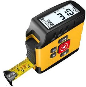 Digital Tape Measure 2 in 1, 16FT with Display, Smart Measure, Area Volume Measuring Pythagorean Mode, Waterproof and Rechargeable,1/2 Self Centering, 20 Groups Historical Memory  Yellow -
