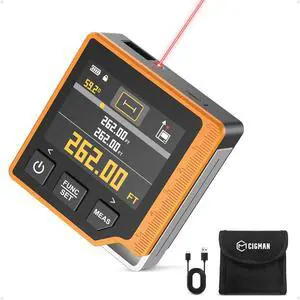 Laser Measuring Tool, 262ft Measure with Digital Angle Finder & Level, Rechargeable Measurement Tool 2.4'' Color Backlit Display, 6 Units Ft/in/M, Length/Area/Volume/Pythagorean Mode Orange -