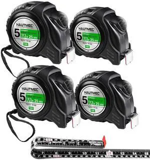 Tape Measure 5m/16 FT Heavy-Duty Steel Retractable with Nylon Coating Measurement Two Sided Imperial & Metric Measuring for Construction, Carpenter HT0100-4PCS Black -