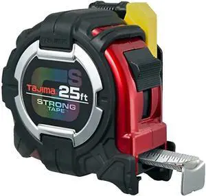 Tape Measure - 25 ft x 1-1/16 inch GS-Lock Measuring with Shock Resistant Case & Safety Clip Holder GSSF-25BW Black-Red  7.6 m