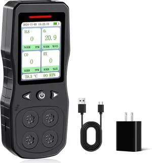 4 Gas Monitor Multi Detector for O2, CO, H2S, Combustible Tester, Rechargeable Leak Detector, Digital Meter with Sound, Light & Vibration Alarm Black -