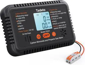 RV Carbon Monoxide and Propane Gas Alarm, 12V DC Hardwired CO/LPG Leak Alarm with Light Audible Indicator, Detector Reset/Backlight for RV/Trailer/Camper  Black -