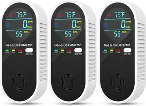 Upgraded Natural Gas Leak Detector & Carbon Monoxide Detectors - 4 in 1 Natural, Propane, Co Plug Temperature Humidity for Home, RV (3 Packs) Black