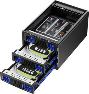 Hybrid 2*2.5/3.5" SATA HDD/SSD+3* M / B+M Key M.2 NVMe Enclosure with Cooling Fan and USB A/C 3.2 Gen 2, Hard Drive Support 68TB(2*22TB HDD+3*8TB 2230/2242/2260/2280/22110 SSDs) -
