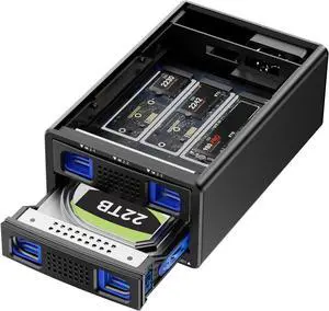 Hybrid 2.5/3.5" SATA HDD/SSD+3* M / B+M Key M.2 NVMe Enclosure with Cooling Fan and USB A/C 3.2 Gen 2 (10Gbps), Hard Drive Support 46TB(22TB HDD+3*8TB 2230/2242/2260/2280/22110 SSDs) Black -