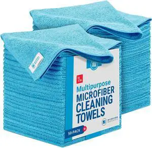 16" x All Purpose Microfiber Towels - 50 Pack Reusable Wash Cloths, Dust, Kitchen, Car, Shop Rags for Cleaning (Blue)  Blue