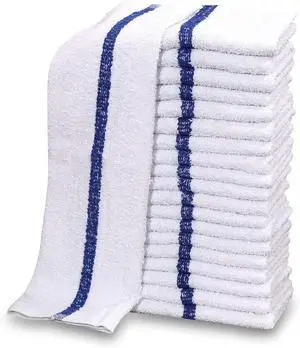 60 PC New Cotton Blend White Restaurant Bar Mops Kitchen Towels 28oz (5 Dozen) (60, Blue Stripe)  Stripe -